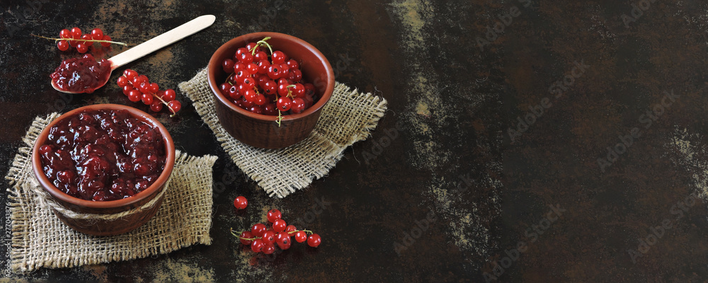 Red currant jam and red currant berries. Healthy sweets. Red currant jam and red currant berries. Healthy sweets.