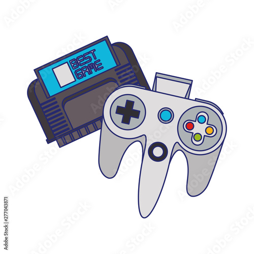 Retro videogame console and gamepads blue lines