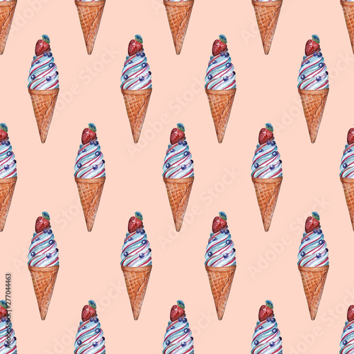 Seamless yummy pattern with cool ice cream in a cone with red filling, blueberries, and strawberry on the top.