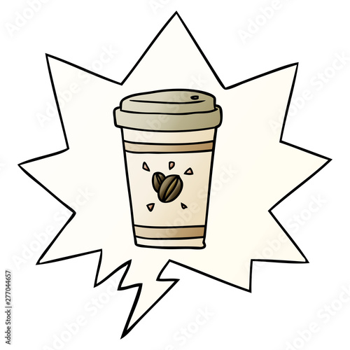 cartoon cup of takeout coffee and speech bubble in smooth gradient style