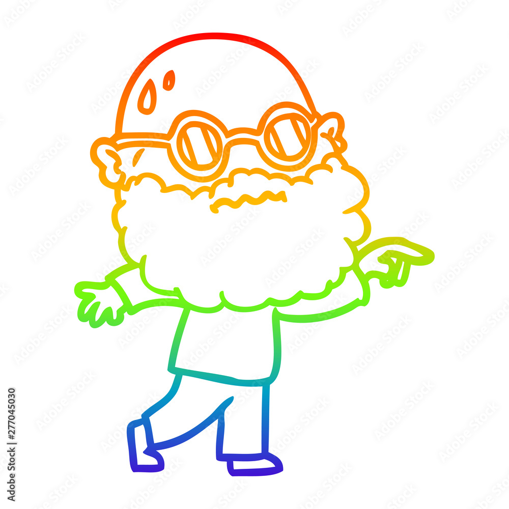 rainbow gradient line drawing cartoon worried man with beard and spectacles pointing finger rainbow gradient line drawing cartoon worried man with beard and spectacles pointing finger