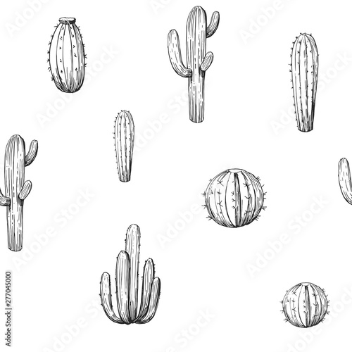 Seamless pattern with cacti and flowers. Hand drawn sketches converted to vector