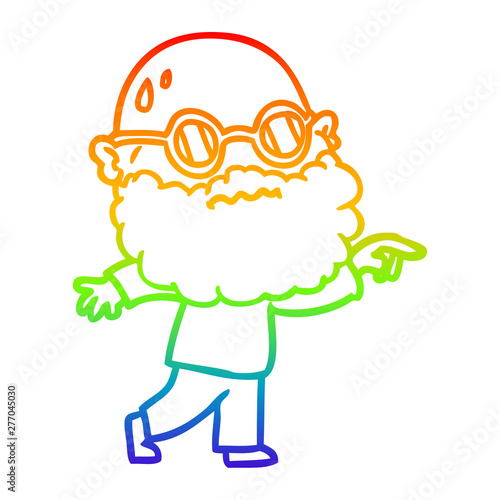 rainbow gradient line drawing cartoon worried man with beard and spectacles pointing finger
