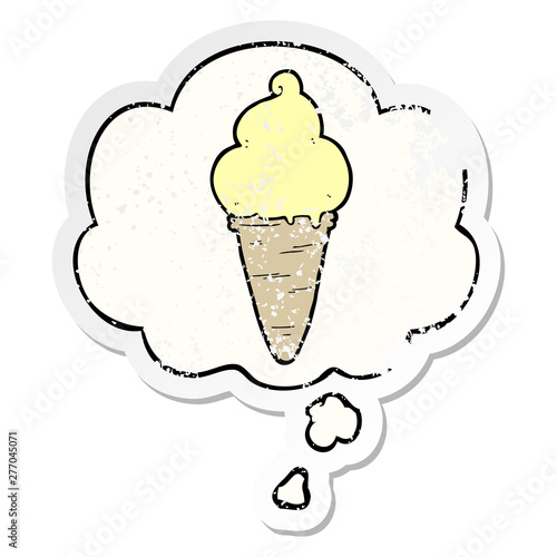 cartoon ice cream and thought bubble as a distressed worn sticker