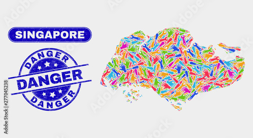 Assembly Singapore map and blue Danger grunge seal stamp. Colored vector Singapore map mosaic of engineering parts. Blue rounded Danger seal.