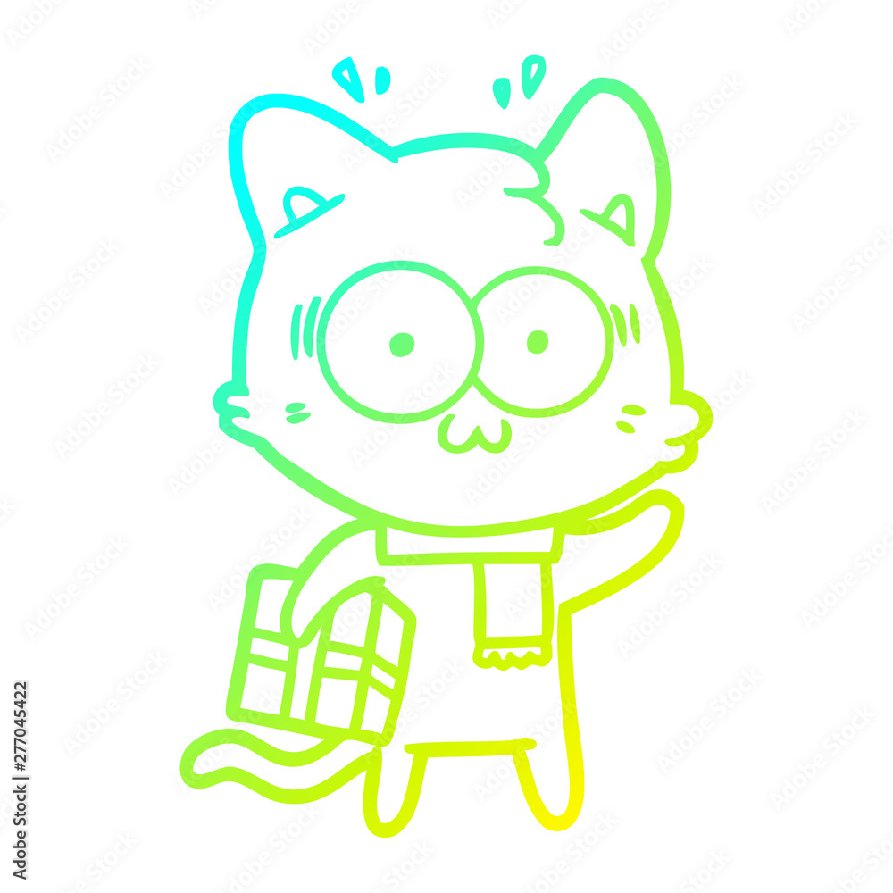 cold gradient line drawing cartoon surprised cat with christmas present cold gradient line drawing cartoon surprised cat with christmas present