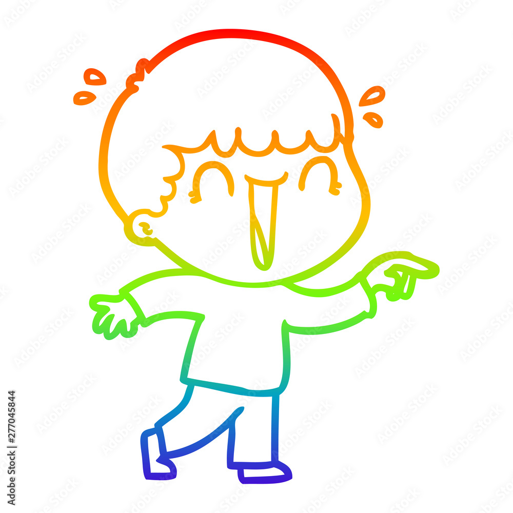 Fototapeta premium rainbow gradient line drawing laughing cartoon man pointing