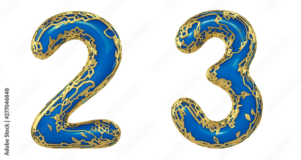 Obraz premium Number set 2, 3 made of realistic 3d render golden shining metallic. Collection of gold shining metallic with blue color plastic symbol