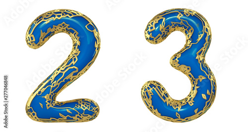 Number set 2, 3 made of realistic 3d render golden shining metallic. Collection of gold shining metallic with blue color plastic symbol