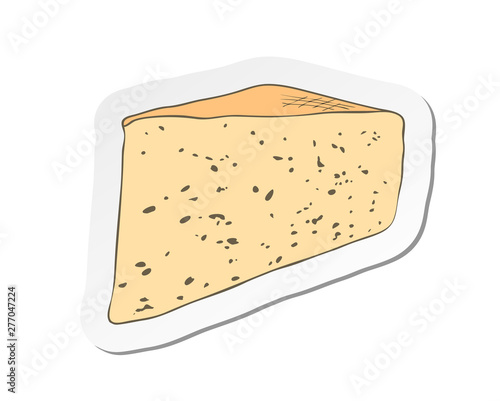 Vector illustration, sticker of triange piece of cheese in flat cartoon style isolated on white background