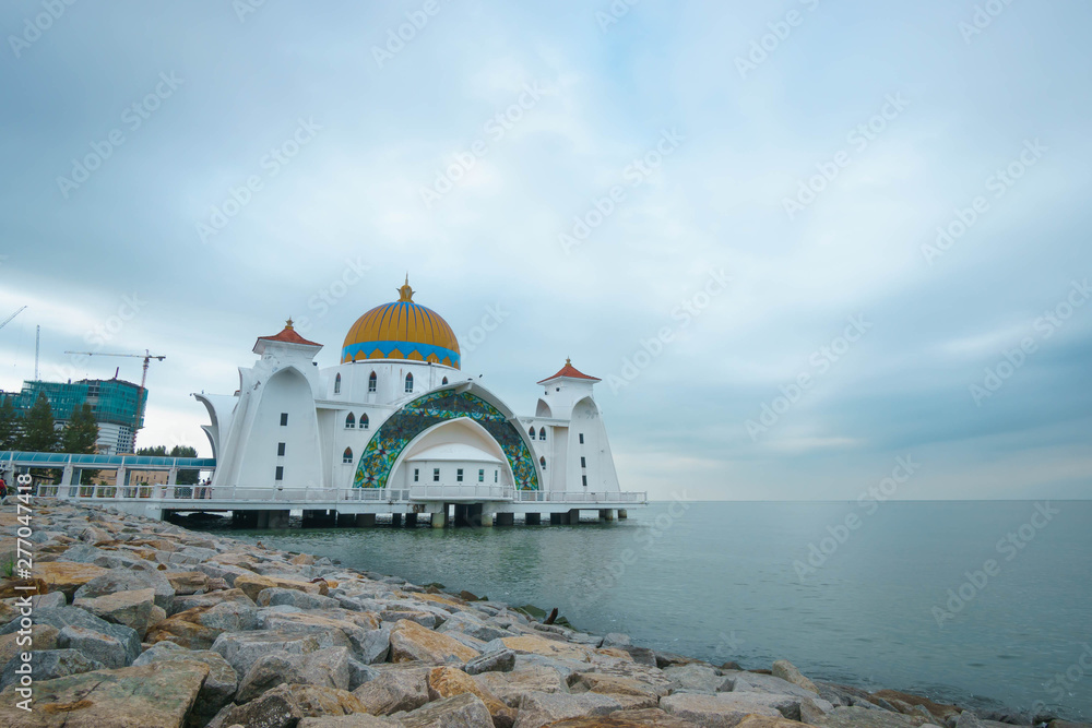 Malacca Straits Mosque ( Masjid Selat Melaka),  Located on the man-made Malacca Island near Malacca Town, Malaysia..