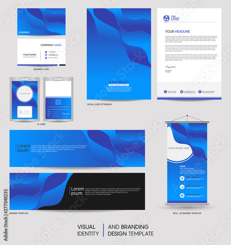 Modern stationery mock up set and visual brand identity with abstract colorful dynamic background shape. Vector illustration mock up for branding, cover, card, product, event, banner, website.