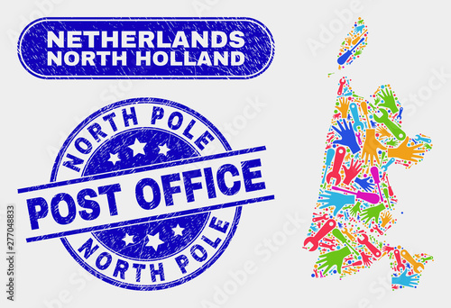 Tools North Holland map and blue North Pole Post Office scratched seal. Colorful vector North Holland map mosaic of tools parts. Blue round North Pole Post Office imprint.