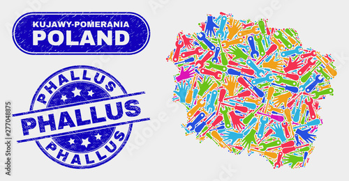 Tools Kujawy-Pomerania Province map and blue Phallus textured seal. Colorful vector Kujawy-Pomerania Province map mosaic of productivity components. Blue round Phallus seal.