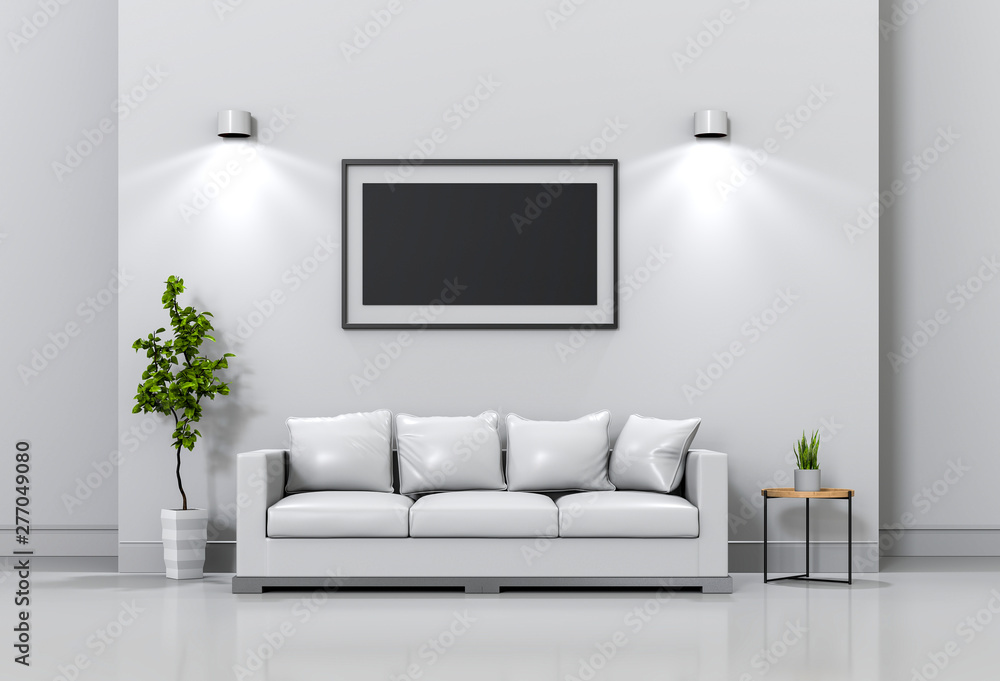 mock up poster frame in interior living room and sofa, 3D render mock up poster frame in interior living room and sofa, 3D render