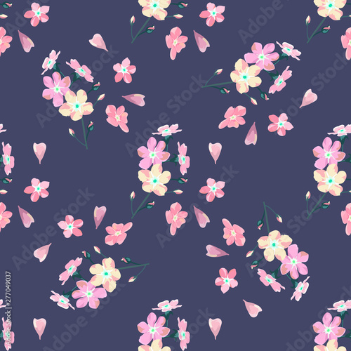 gentle little flowers and petals flying aside the botanical pattern of small colored wildflowers