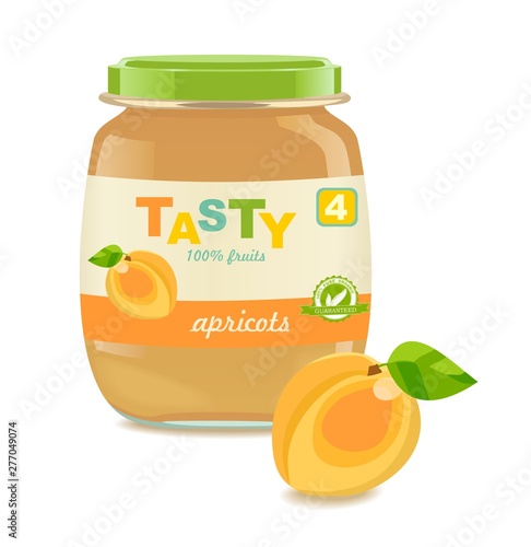 Baby puree jar, apricot. Retro style. Vector