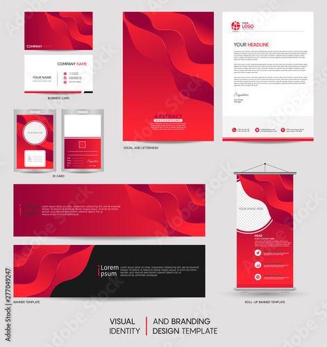 Modern stationery mock up set and visual brand identity with abstract colorful dynamic background shape. Vector illustration mock up for branding, cover, card, product, event, banner, website.