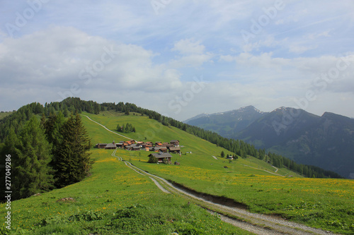 Idyllic Swiss village Obermutten in early summer.