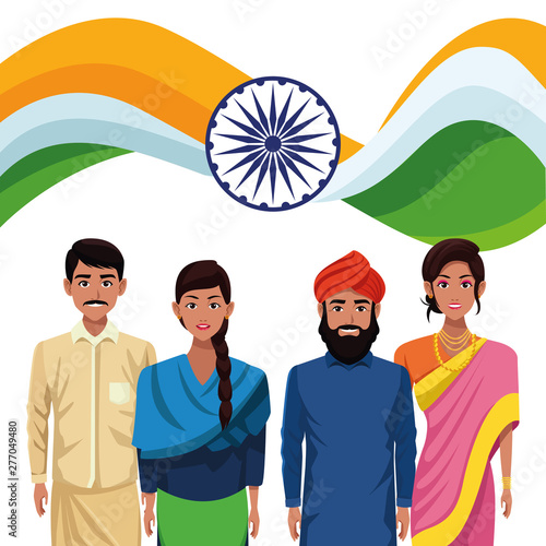 Indian ethnic people with flag and wheel emblems