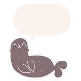 cartoon seal and speech bubble in retro style