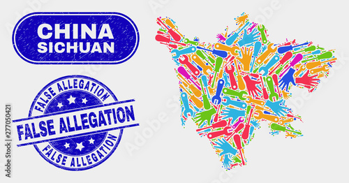 Engineering Sichuan Province map and blue False Allegation distress seal. Bright vector Sichuan Province map mosaic of industrial elements. Blue rounded False Allegation seal.