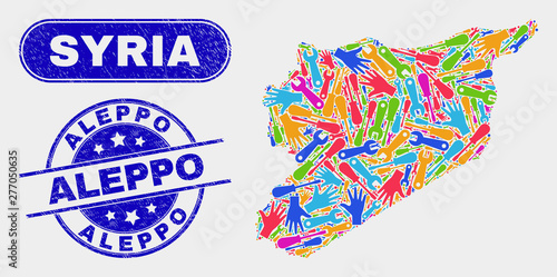 Component Syria map and blue Aleppo textured seal. Colorful vector Syria map mosaic of mechanic units. Blue rounded Aleppo seal.