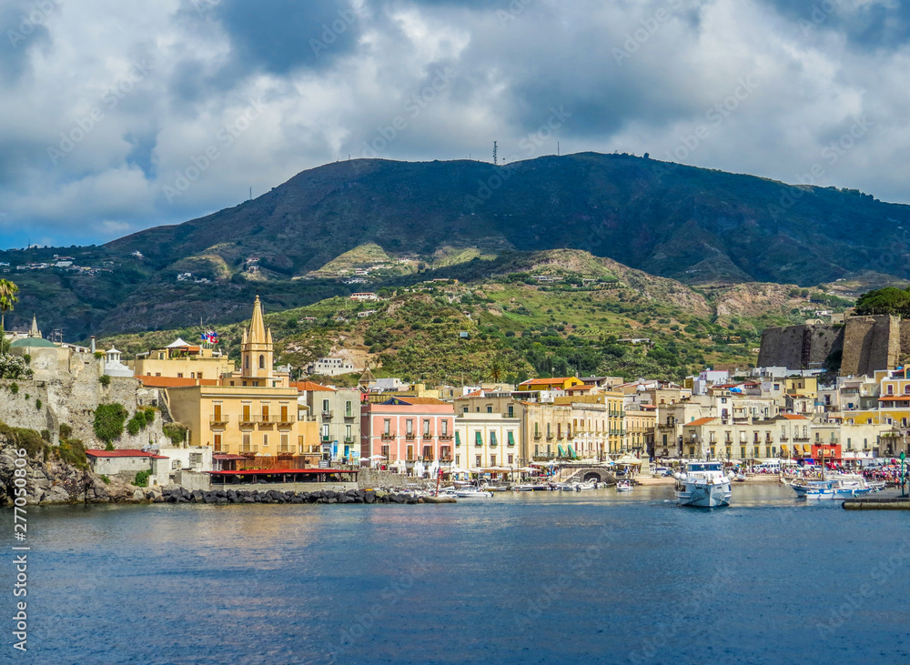 LIPARI, ITALY - JULY 16, 2014 - View of the port from the sea.