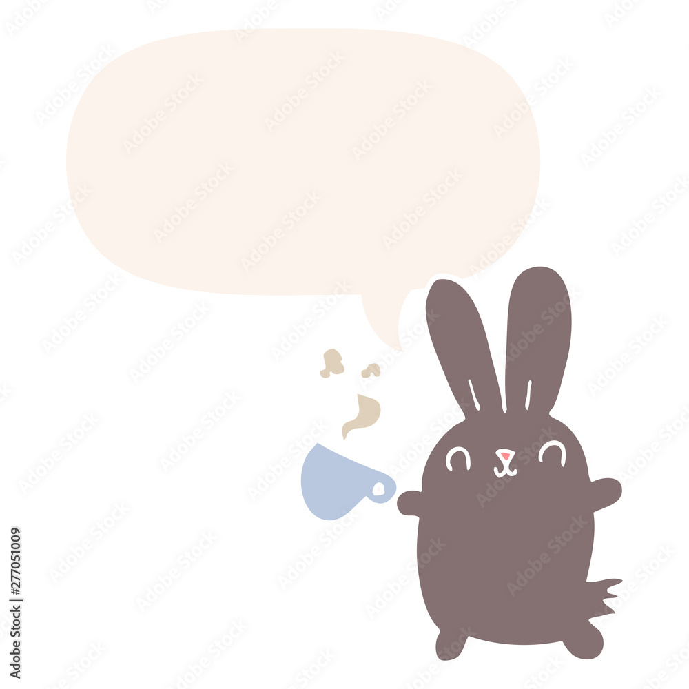 cute cartoon rabbit and coffee cup and speech bubble in retro style cute cartoon rabbit and coffee cup and speech bubble in retro style