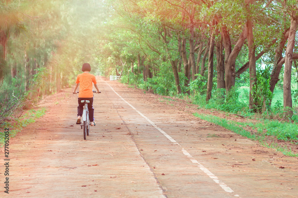 Obraz premium portriat asian cute children on bicycle. lettle girl smilling and fun in park at thailand