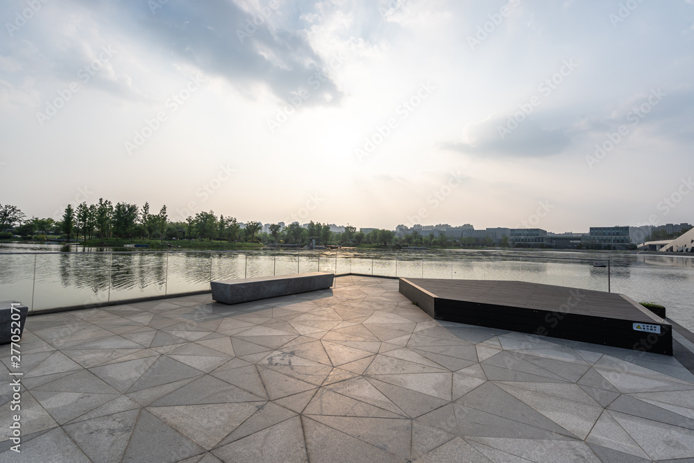 empty square with city skyline in hangzhou china