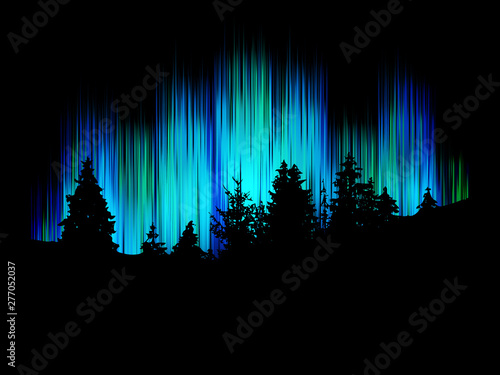Northern lights vector. Forest silhouette against the background merry dancers. Trees landscape.