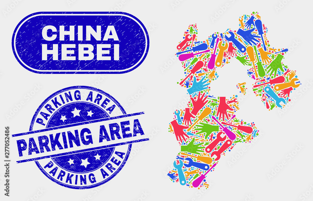 Component Hebei Province map and blue Parking Area scratched seal. Colored vector Hebei Province map mosaic of tools parts. Blue rounded Parking Area seal.