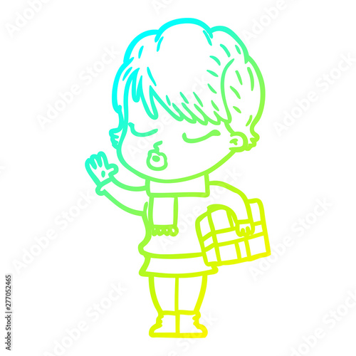 cold gradient line drawing cartoon woman with eyes shut