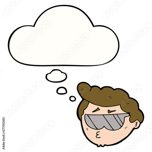 cartoon boy wearing sunglasses and thought bubble