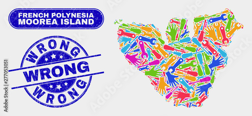 Engineering Moorea Island map and blue Wrong textured watermark. Bright vector Moorea Island map mosaic of engineering elements. Blue round Wrong rubber.