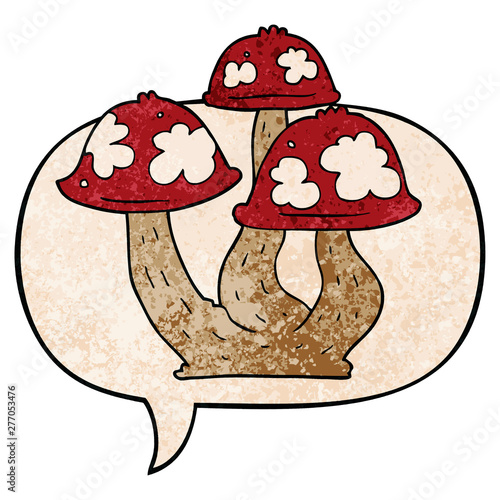 cartoon mushrooms and speech bubble in retro texture style