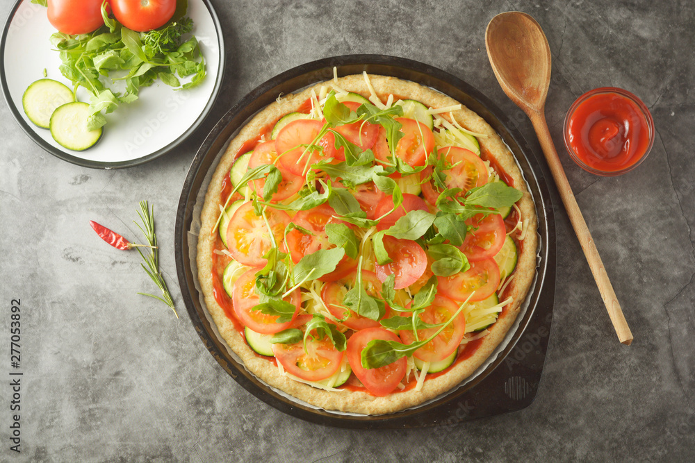 Vegetarian pizza. Cooking process of vegetable homemade pizza with fresh ingredients isolated on dark background. Copy space. Step by step photos. Vegetarian pizza. Cooking process of vegetable homemade pizza with fresh ingredients isolated on dark background. Copy space. Step by step photos.