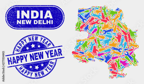 Assembly New Delhi City map and blue Happy New Year scratched seal. Bright vector New Delhi City map mosaic of production parts. Blue rounded Happy New Year seal.