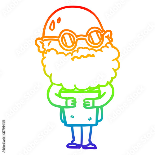 rainbow gradient line drawing cartoon worried man with beard and spectacles