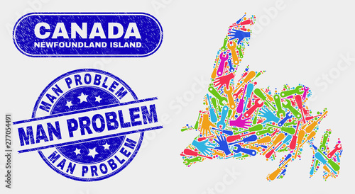 Construction Newfoundland Island map and blue Man Problem textured seal stamp. Colorful vector Newfoundland Island map mosaic of production. Blue round Man Problem stamp.