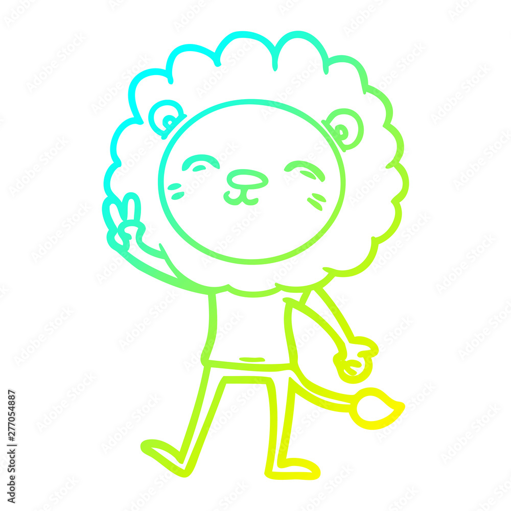 cold gradient line drawing cartoon lion giving peac sign