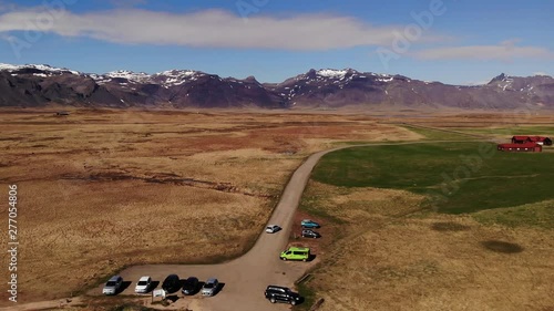 Iceland drone footage on the Ytri Tunga seal beach near the ocean in beautiful sunny spring weather photo