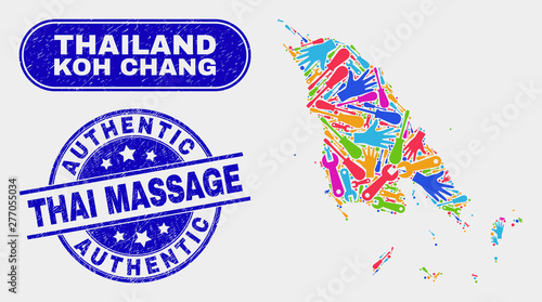 Tools Koh Chang map and blue Authentic Thai Massage distress seal stamp. Colored vector Koh Chang map mosaic of service items. Blue rounded Authentic Thai Massage imprint.