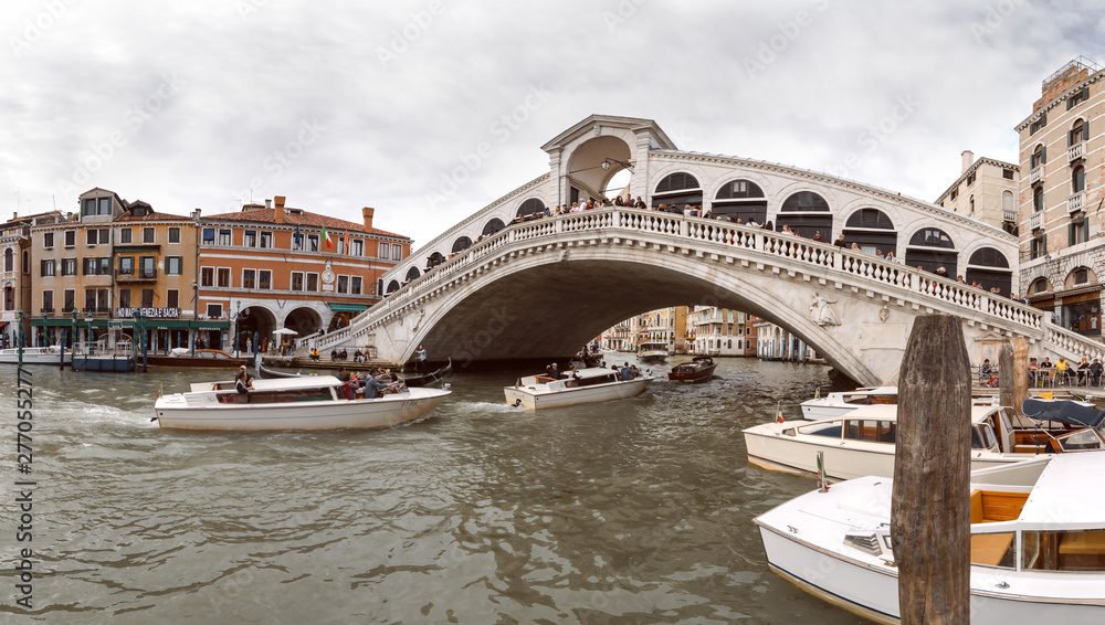 View on Rialto bridge from Grand canal in Venice.