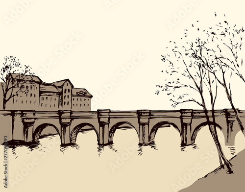 Cityscape with bridge over river. Vector drawing