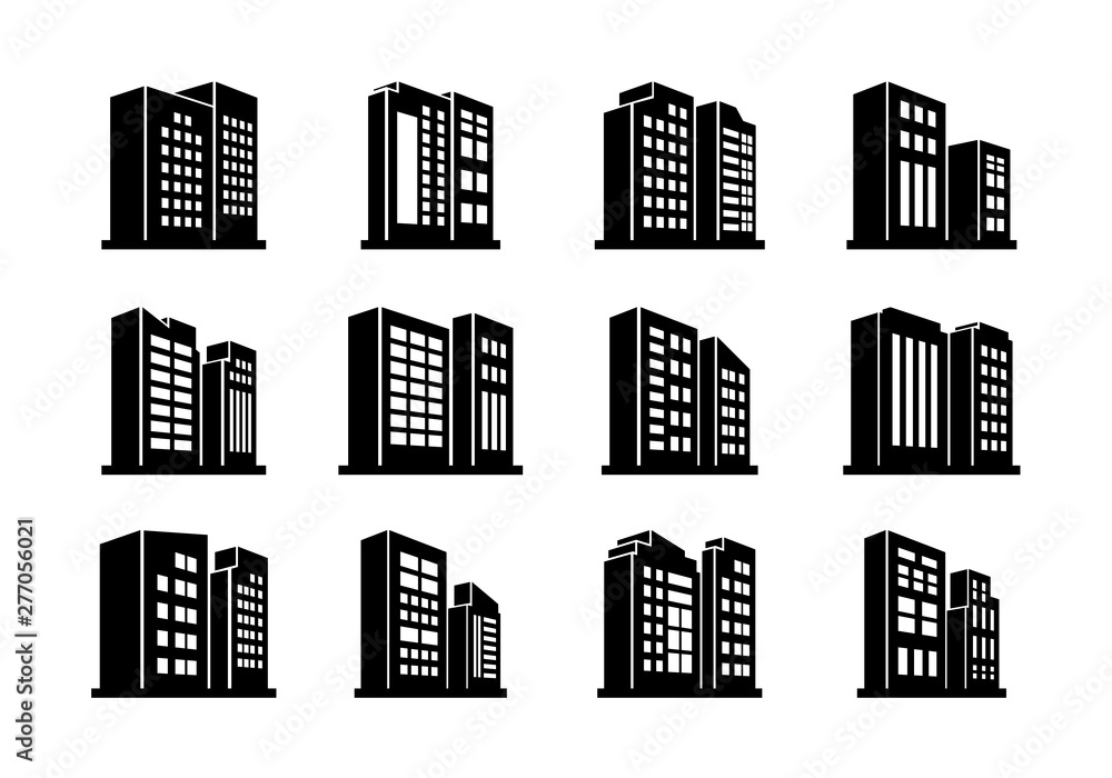 Perspective icons company and vector buildings set, Black office collection on white background Perspective icons company and vector buildings set, Black office collection on white background