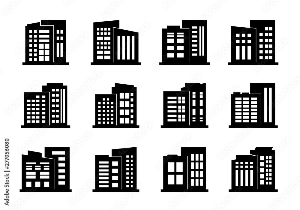 Black company icons and vector buildings set,  Isolated office collection on white background