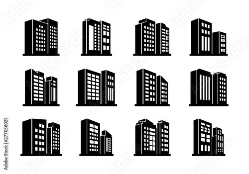 Perspective icons company and vector buildings set, Black office collection on white background