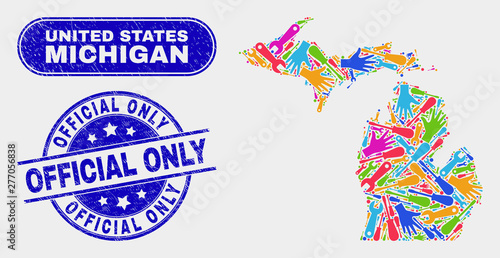 Production Michigan State map and blue Official Only textured stamp. Colorful vector Michigan State map mosaic of production. Blue round Official Only stamp.